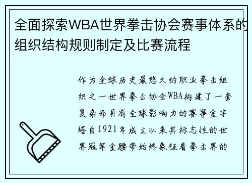 全面探索WBA世界拳击协会赛事体系的组织结构规则制定及比赛流程